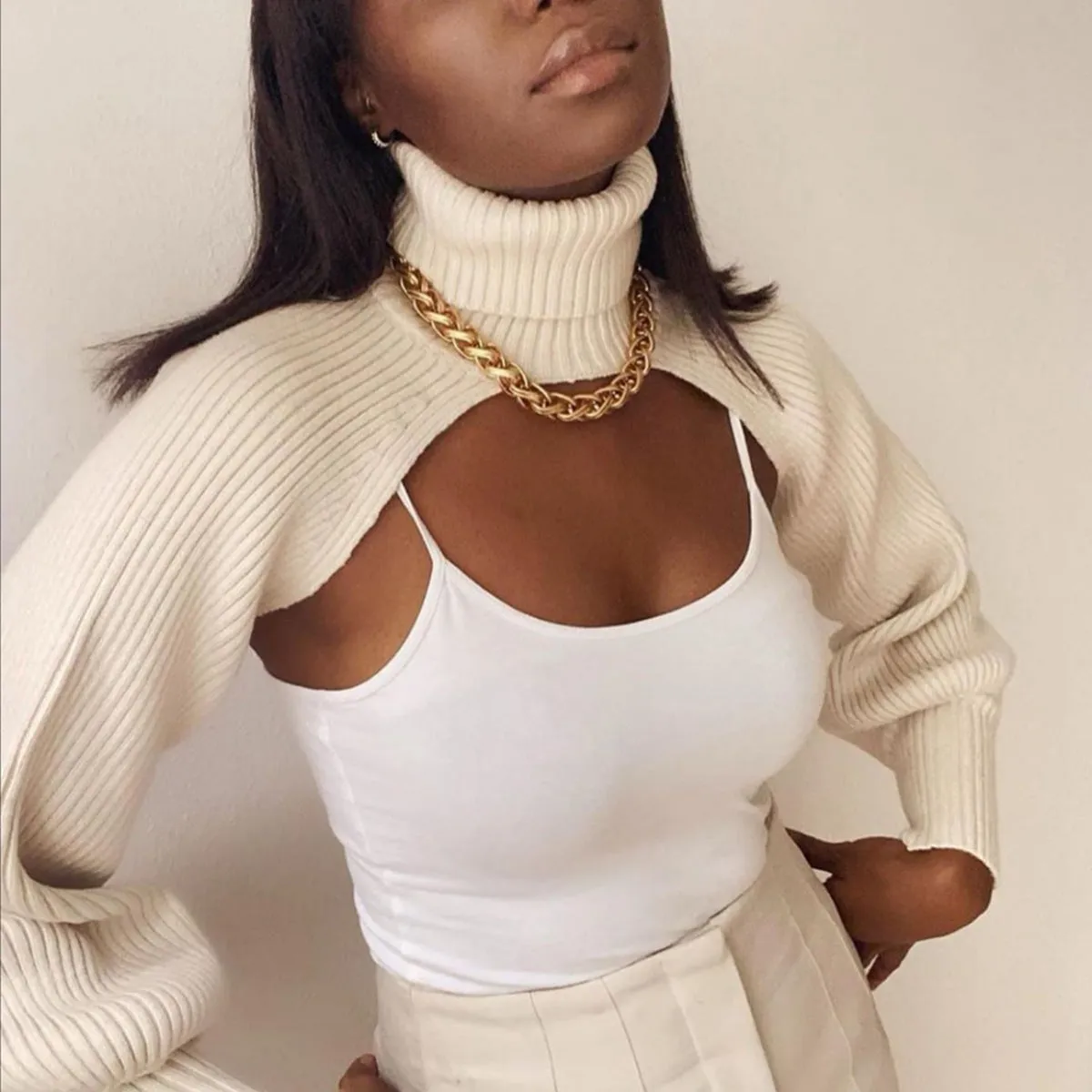 Casual Turtleneck Lantern Sleeve Cutout Cropped Knit Sweater Black