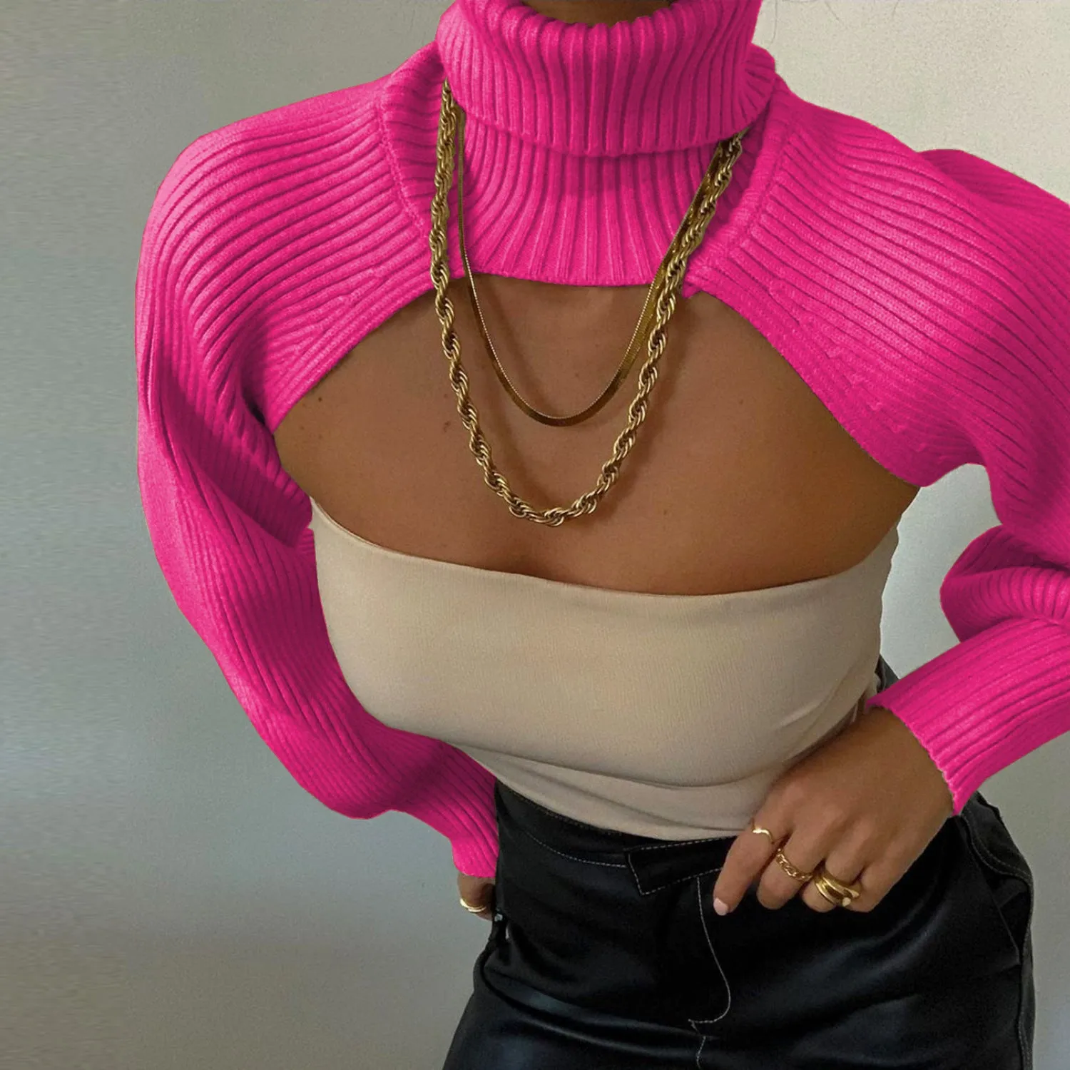 Casual Turtleneck Lantern Sleeve Cutout Cropped Knit Sweater Black