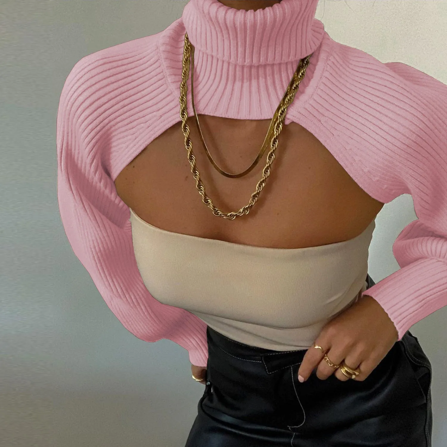 Casual Turtleneck Lantern Sleeve Cutout Cropped Knit Sweater Black