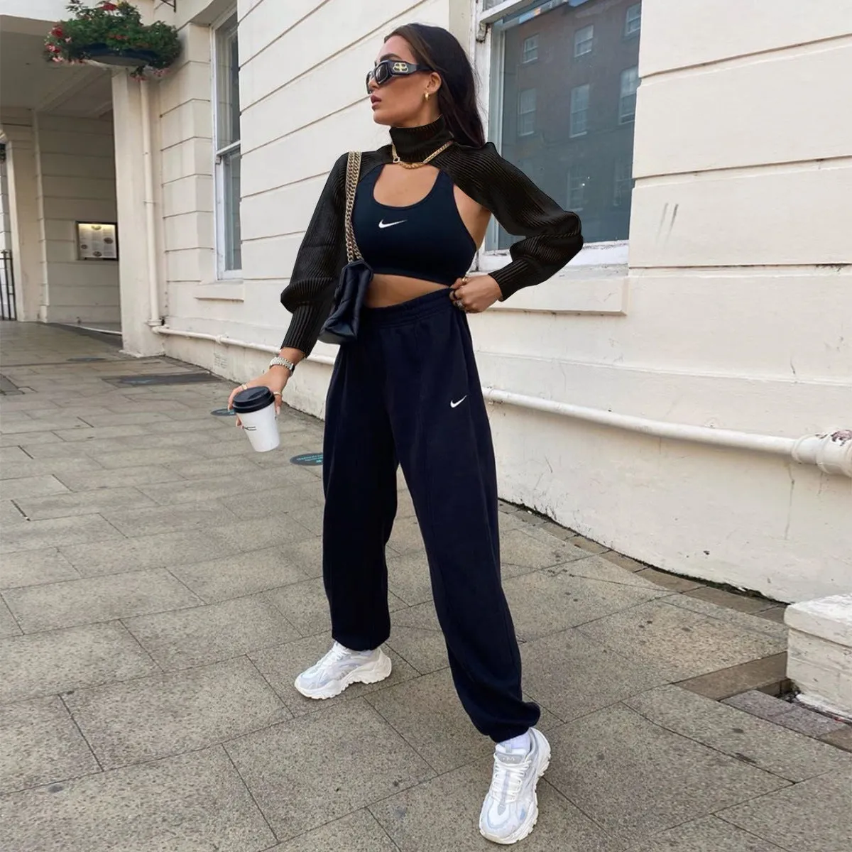 Casual Turtleneck Lantern Sleeve Cutout Cropped Knit Sweater Black