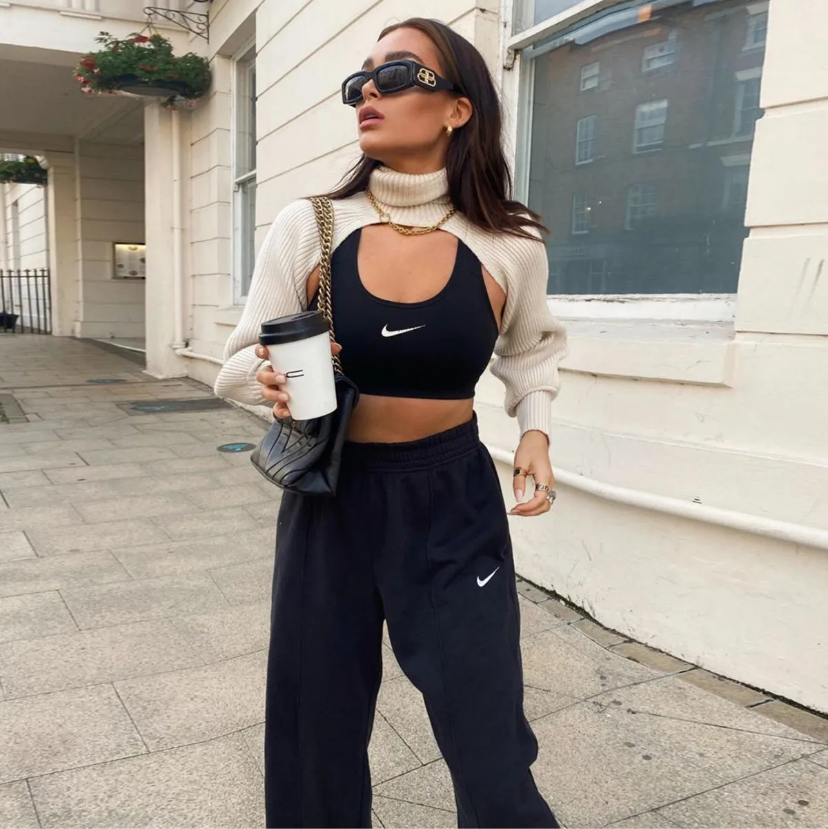 Casual Turtleneck Lantern Sleeve Cutout Cropped Knit Sweater Black
