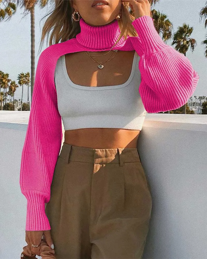 Casual Turtleneck Lantern Sleeve Cutout Cropped Knit Sweater Black