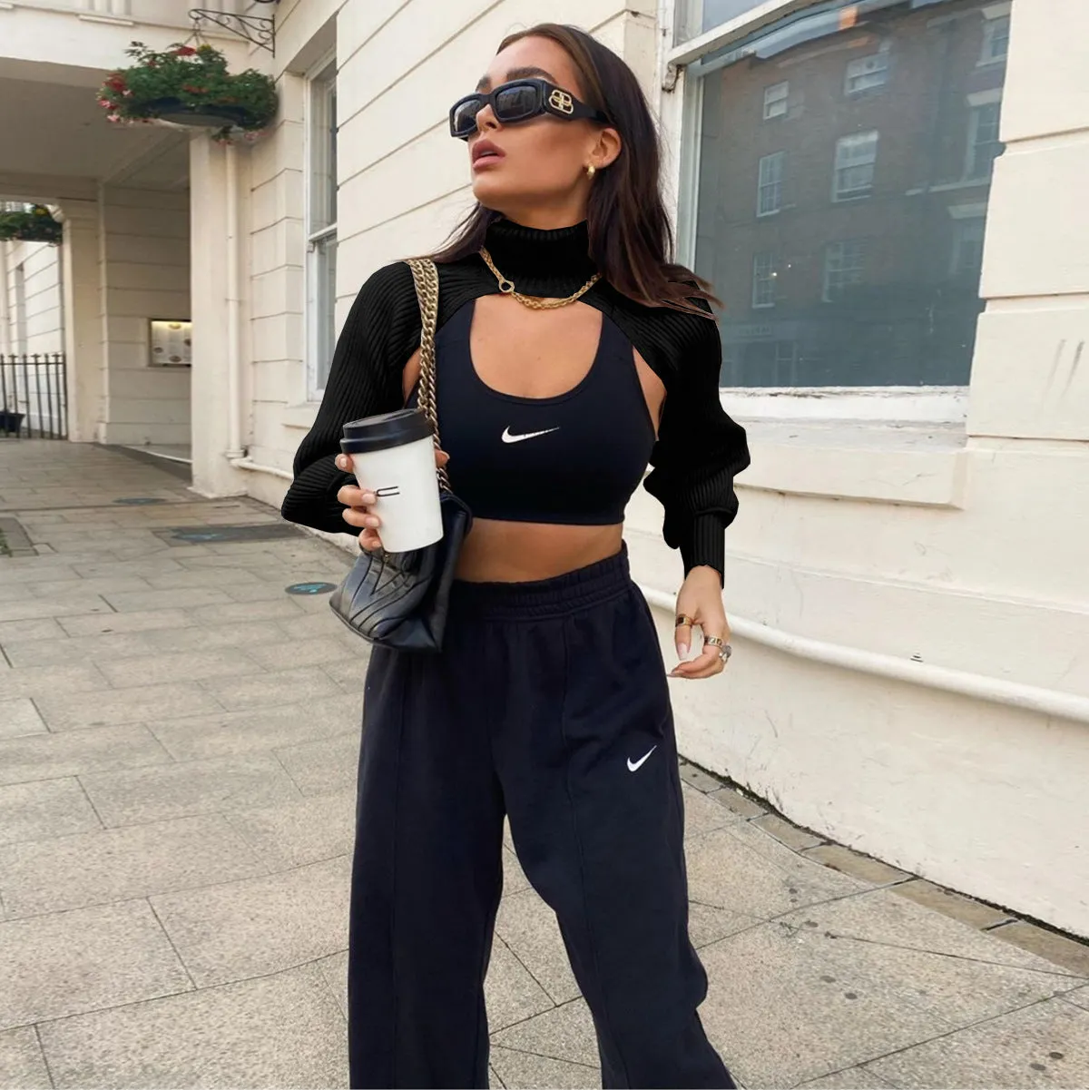 Casual Turtleneck Lantern Sleeve Cutout Cropped Knit Sweater Black