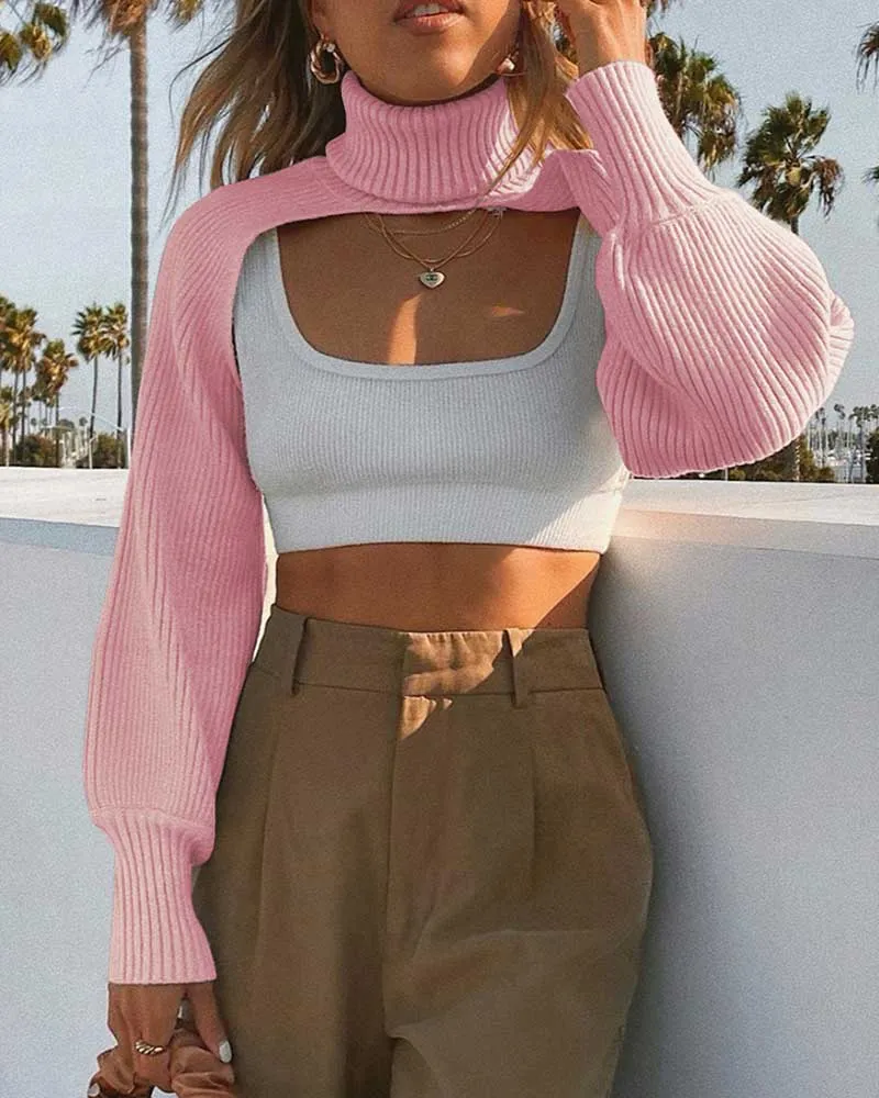 Casual Turtleneck Lantern Sleeve Cutout Cropped Knit Sweater Black
