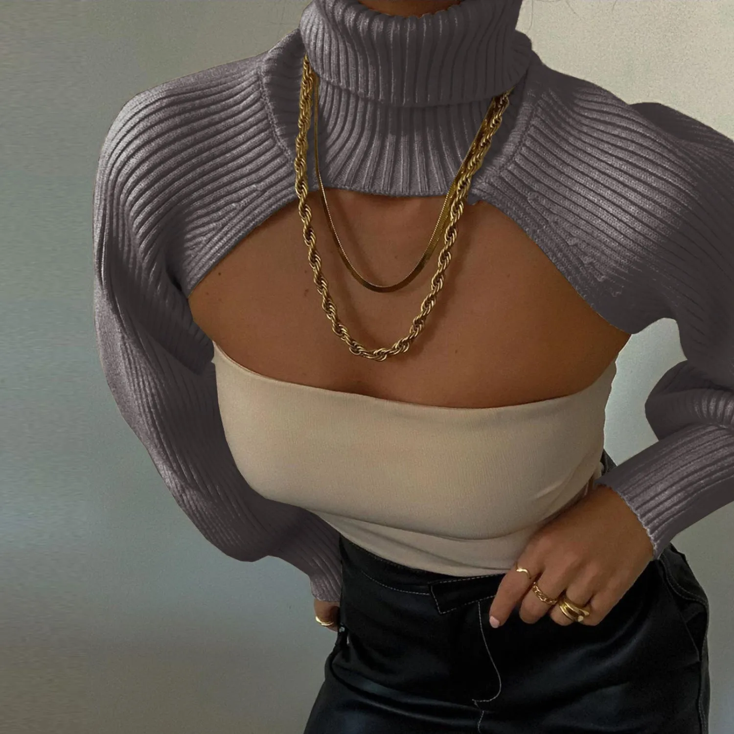 Casual Turtleneck Lantern Sleeve Cutout Cropped Knit Sweater Black