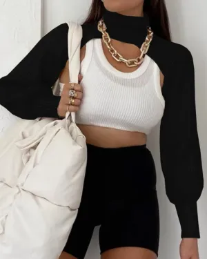 Casual Turtleneck Lantern Sleeve Cutout Cropped Knit Sweater Black