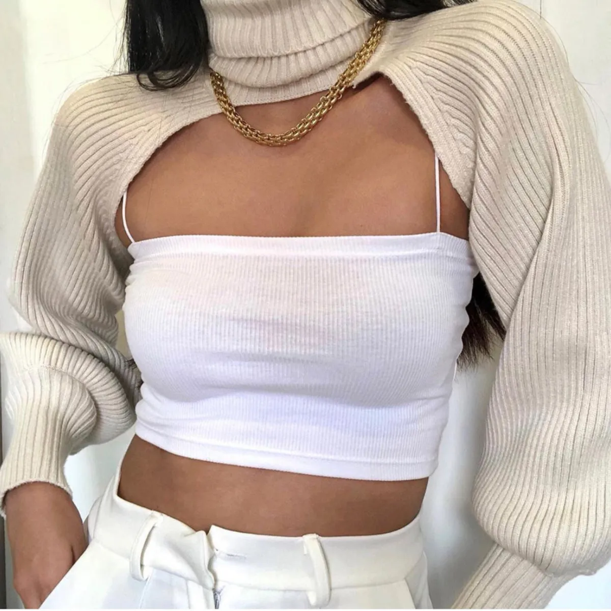 Casual Turtleneck Lantern Sleeve Cutout Cropped Knit Sweater Black