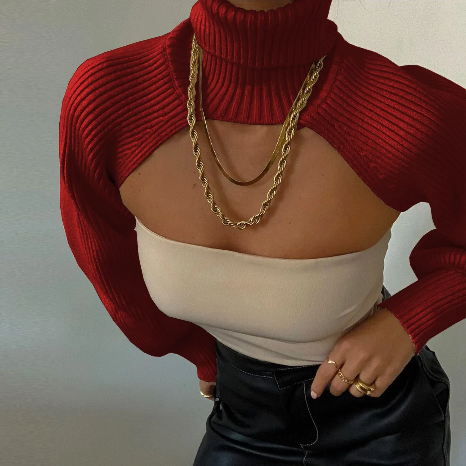Casual Turtleneck Lantern Sleeve Cutout Cropped Knit Sweater Black
