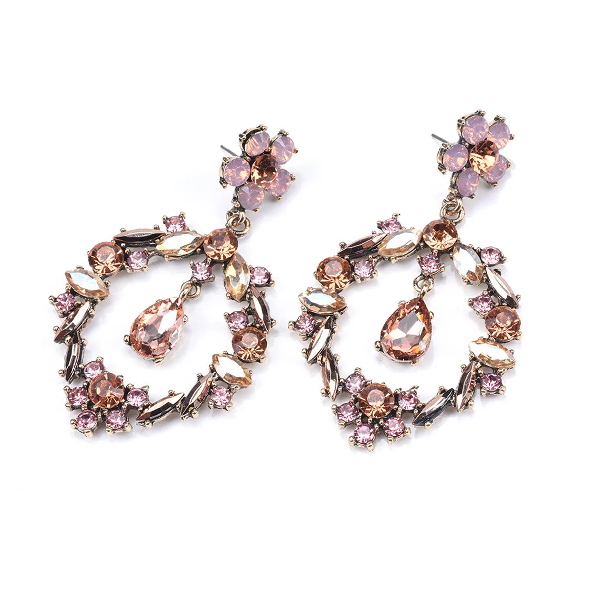 Champagne Crystal & Cubic Zirconia Open Flower Drop Earrings