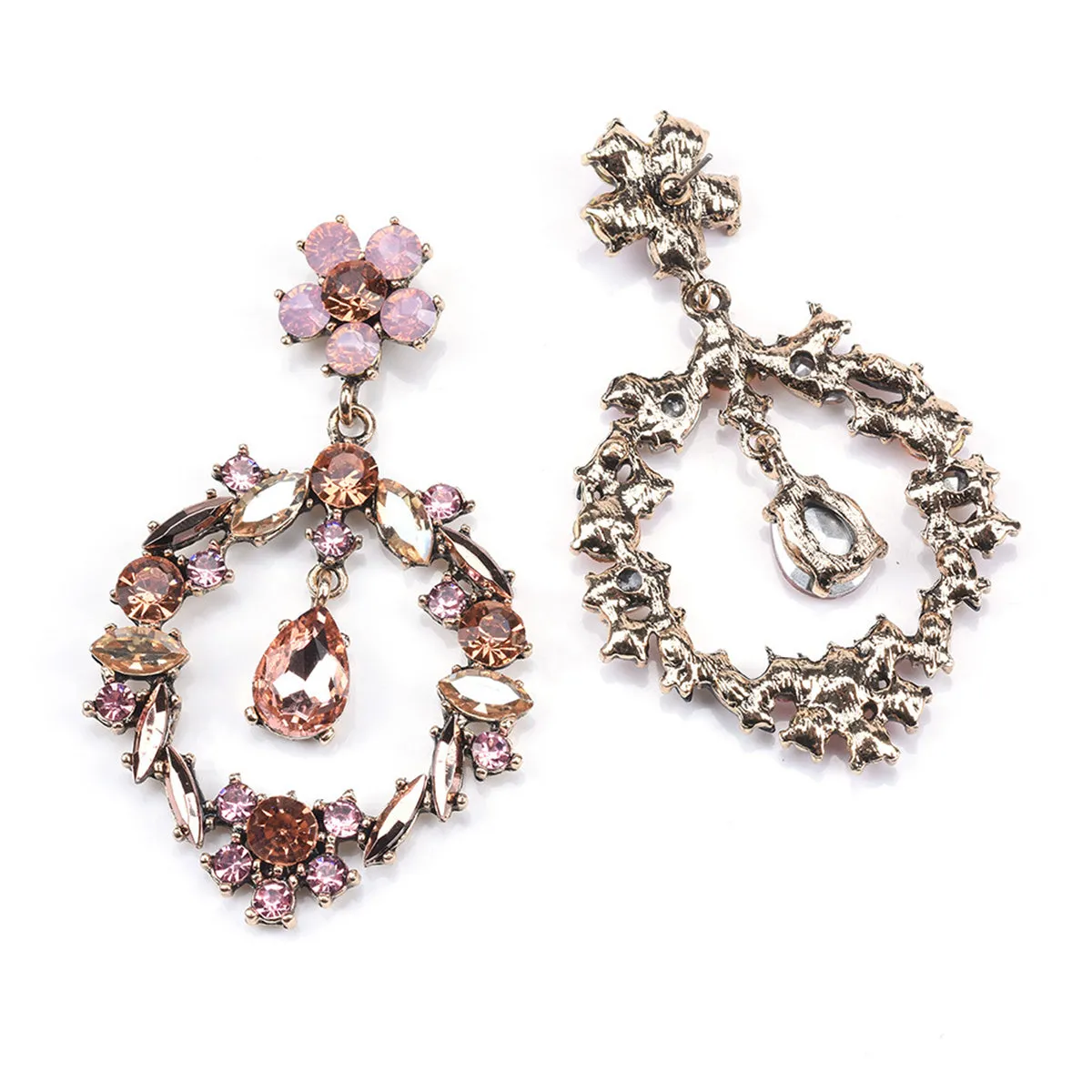 Champagne Crystal & Cubic Zirconia Open Flower Drop Earrings