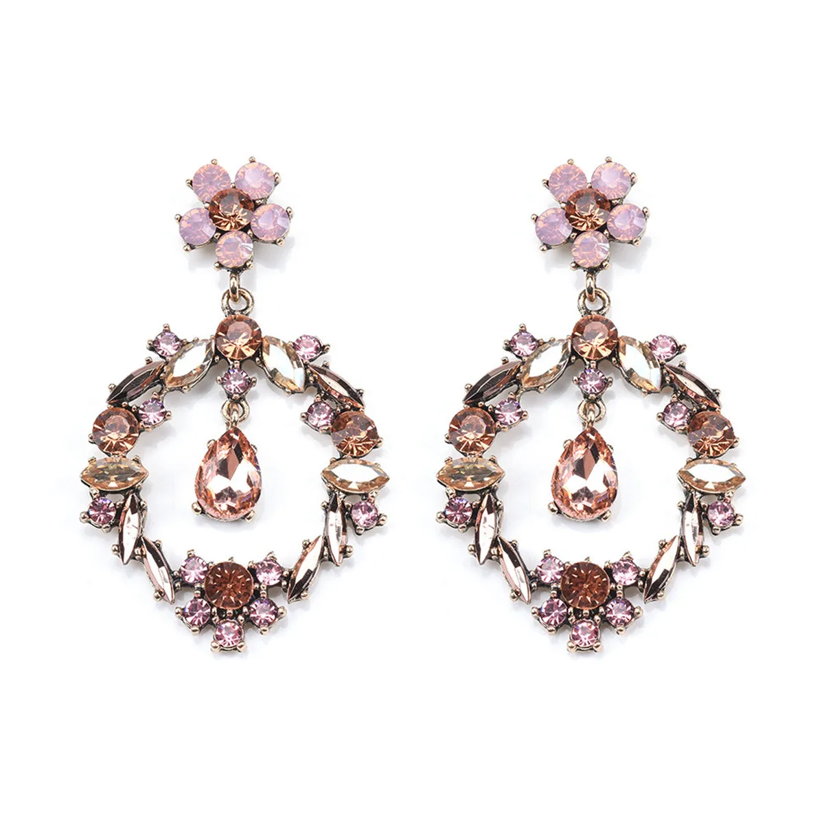Champagne Crystal & Cubic Zirconia Open Flower Drop Earrings