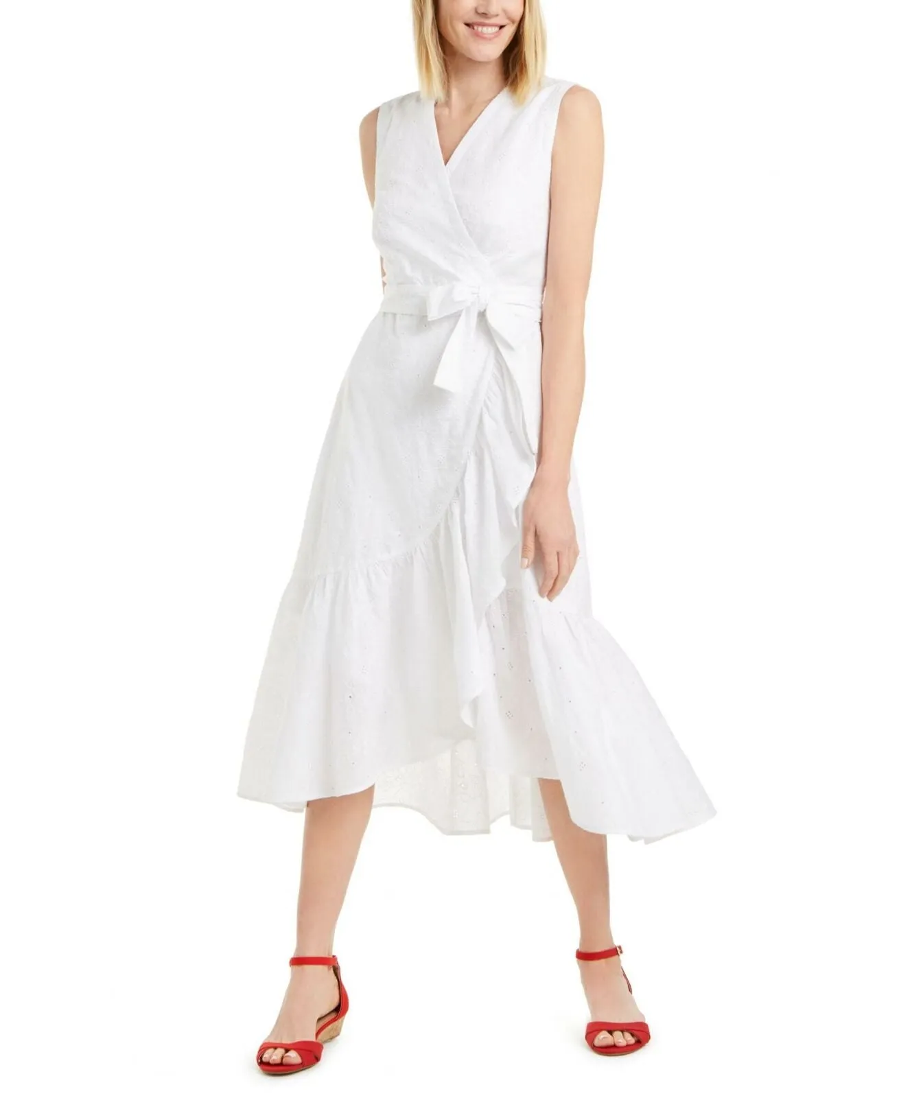 Charter Club Women's Cotton Eyelet Flounce Wrap Dress White 10