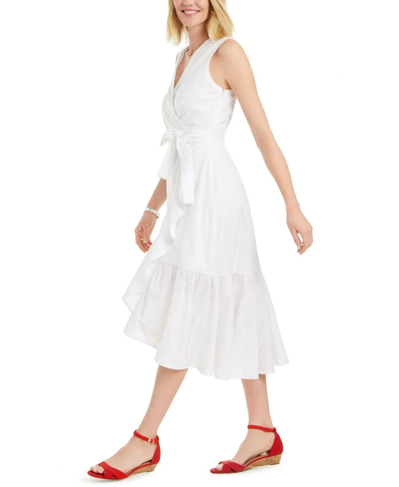 Charter Club Women's Cotton Eyelet Flounce Wrap Dress White 10