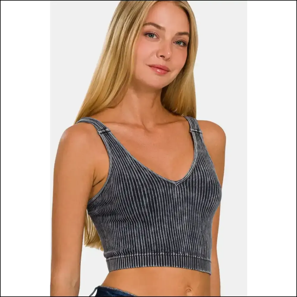 Chic Washed Ribbed Cropped V-Neck Tank