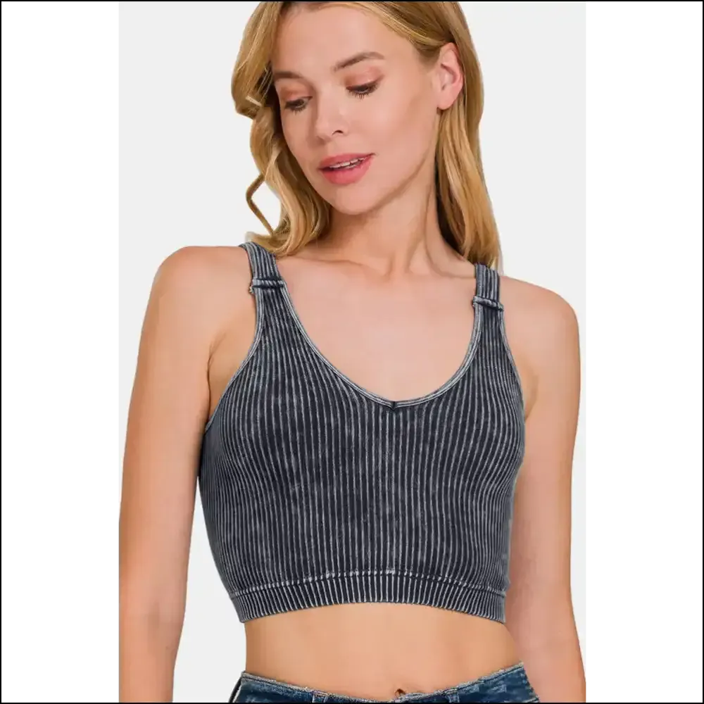 Chic Washed Ribbed Cropped V-Neck Tank