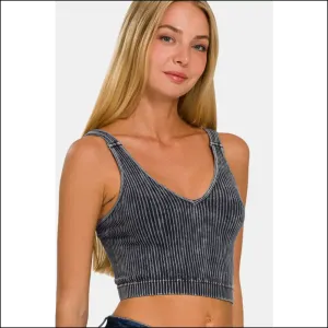 Chic Washed Ribbed Cropped V-Neck Tank