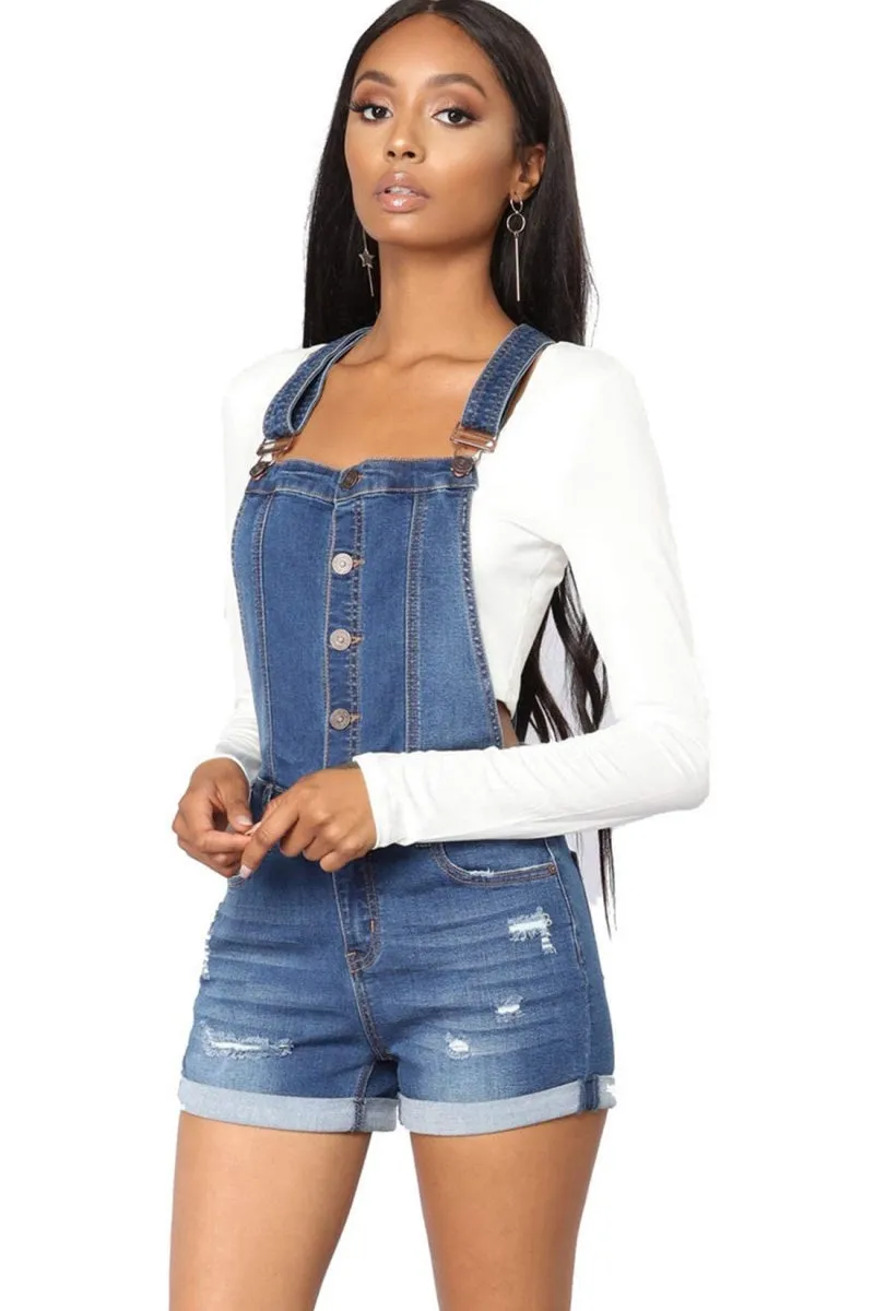 Chouyatou Women's Adjustable Strap Button Front Shortalls Ripped Short Denim Jeans Overall