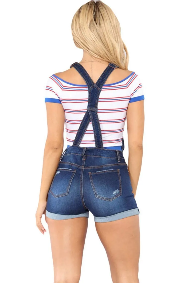 Chouyatou Women's Adjustable Strap Button Front Shortalls Ripped Short Denim Jeans Overall