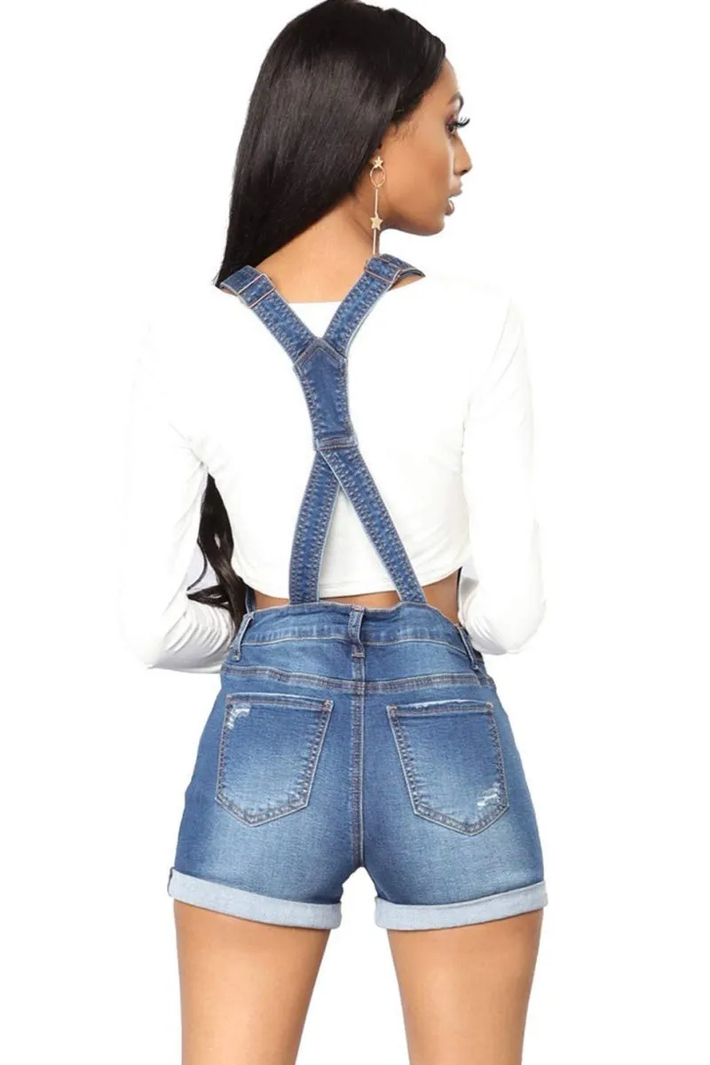 Chouyatou Women's Adjustable Strap Button Front Shortalls Ripped Short Denim Jeans Overall