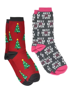Christmas Women's All-Over Christmas Tree & Best Mom Ever Socks 2-Pair Set