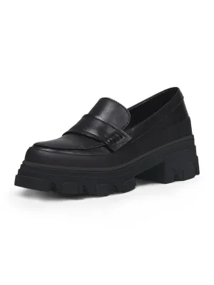 Chunky Heel Genuine Leather Loafer - Black