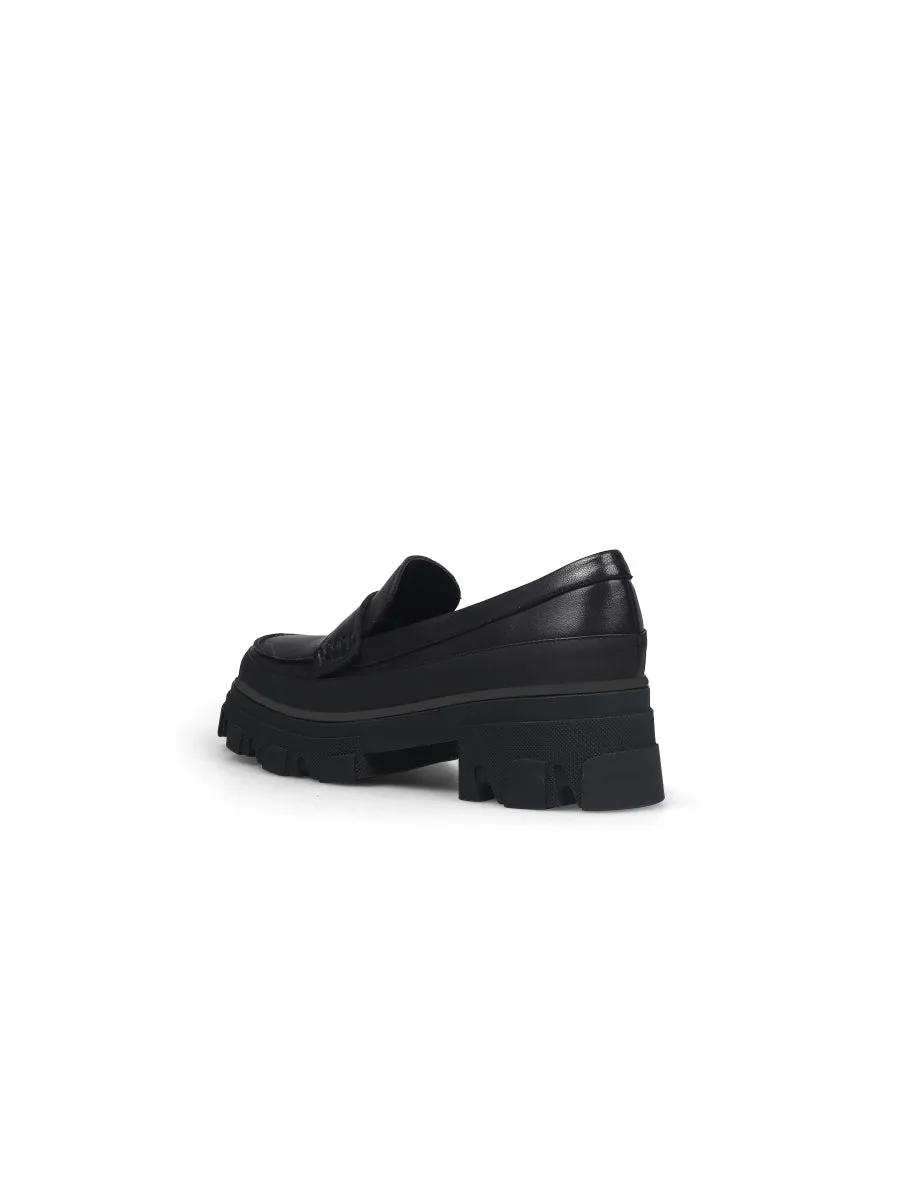 Chunky Heel Genuine Leather Loafer - Black