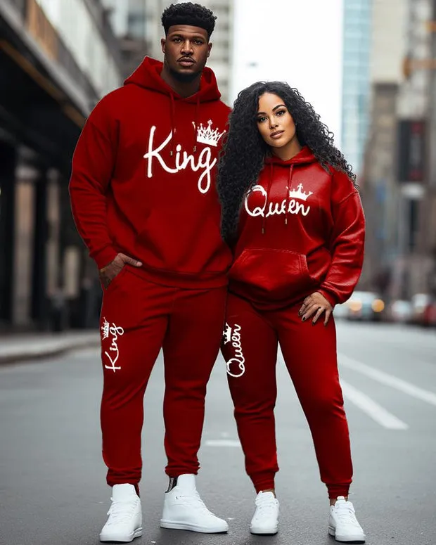 Couple Large Size Casual Couple Outfit Red King Crown Queen Hoodie Set