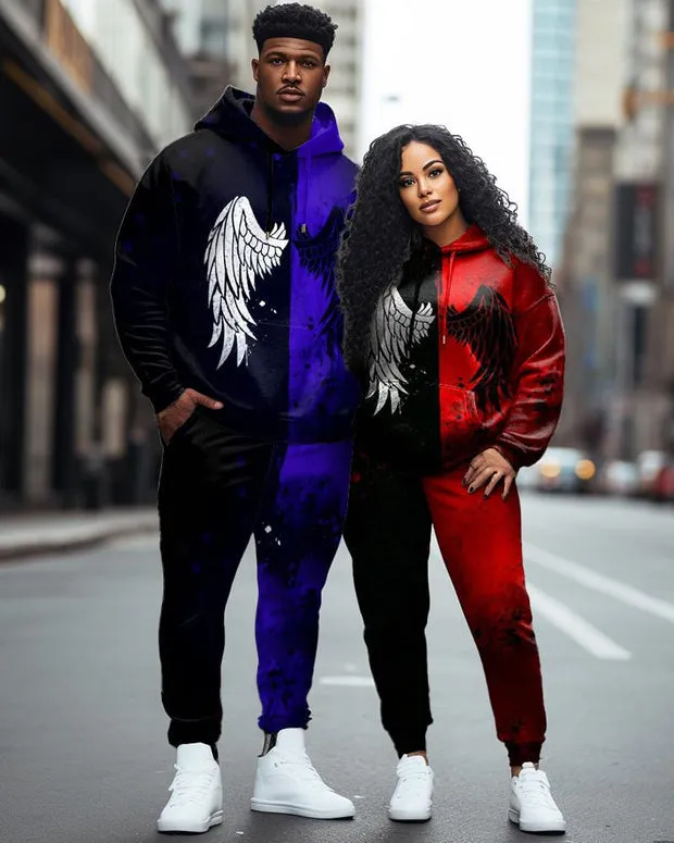 Couple Plus Size Casual Couple Outfit Angel Wings Color Block Hoodie Set