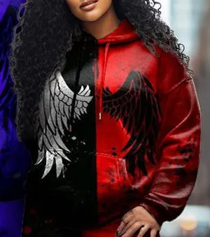 Couple Plus Size Casual Couple Outfit Angel Wings Color Block Hoodie Set