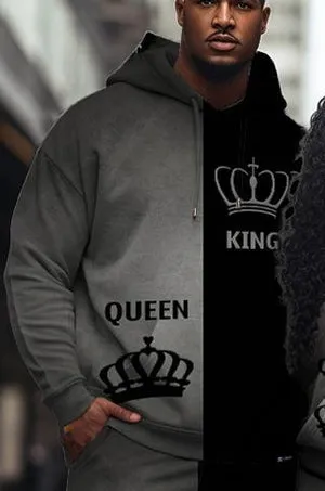 Couple Plus Size Casual Couple Outfit Crown Queen Hoodie Set