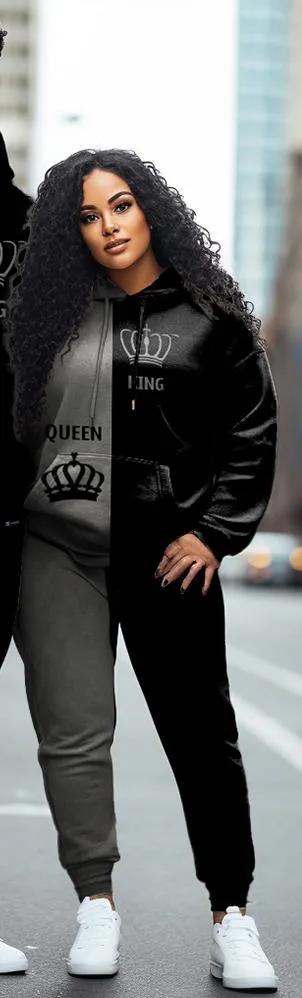Couple Plus Size Casual Couple Outfit Crown Queen Hoodie Set