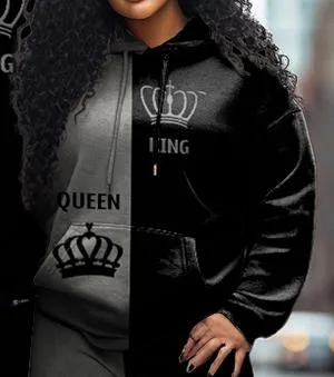 Couple Plus Size Casual Couple Outfit Crown Queen Hoodie Set