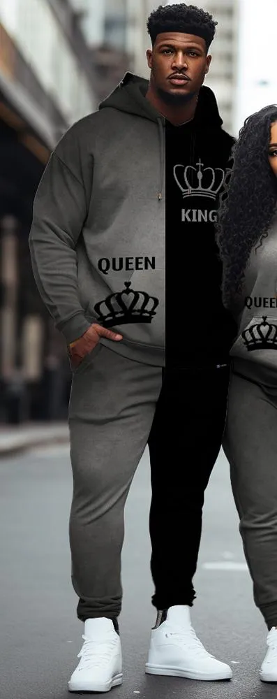Couple Plus Size Casual Couple Outfit Crown Queen Hoodie Set