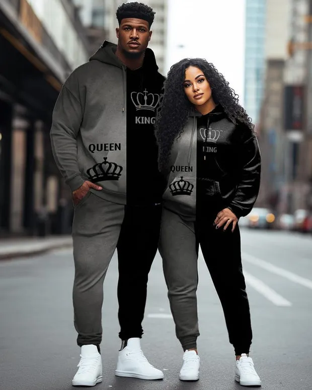 Couple Plus Size Casual Couple Outfit Crown Queen Hoodie Set