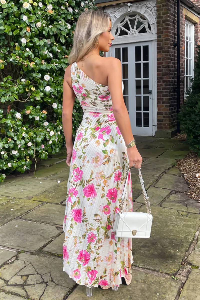 Cream and Pink Floral Print One Shoulder Pleated Satin Midi Dress