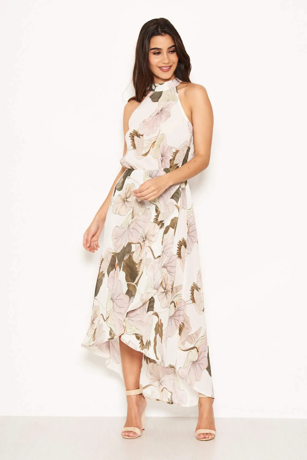 Cream Pleated Halterneck Maxi Dress