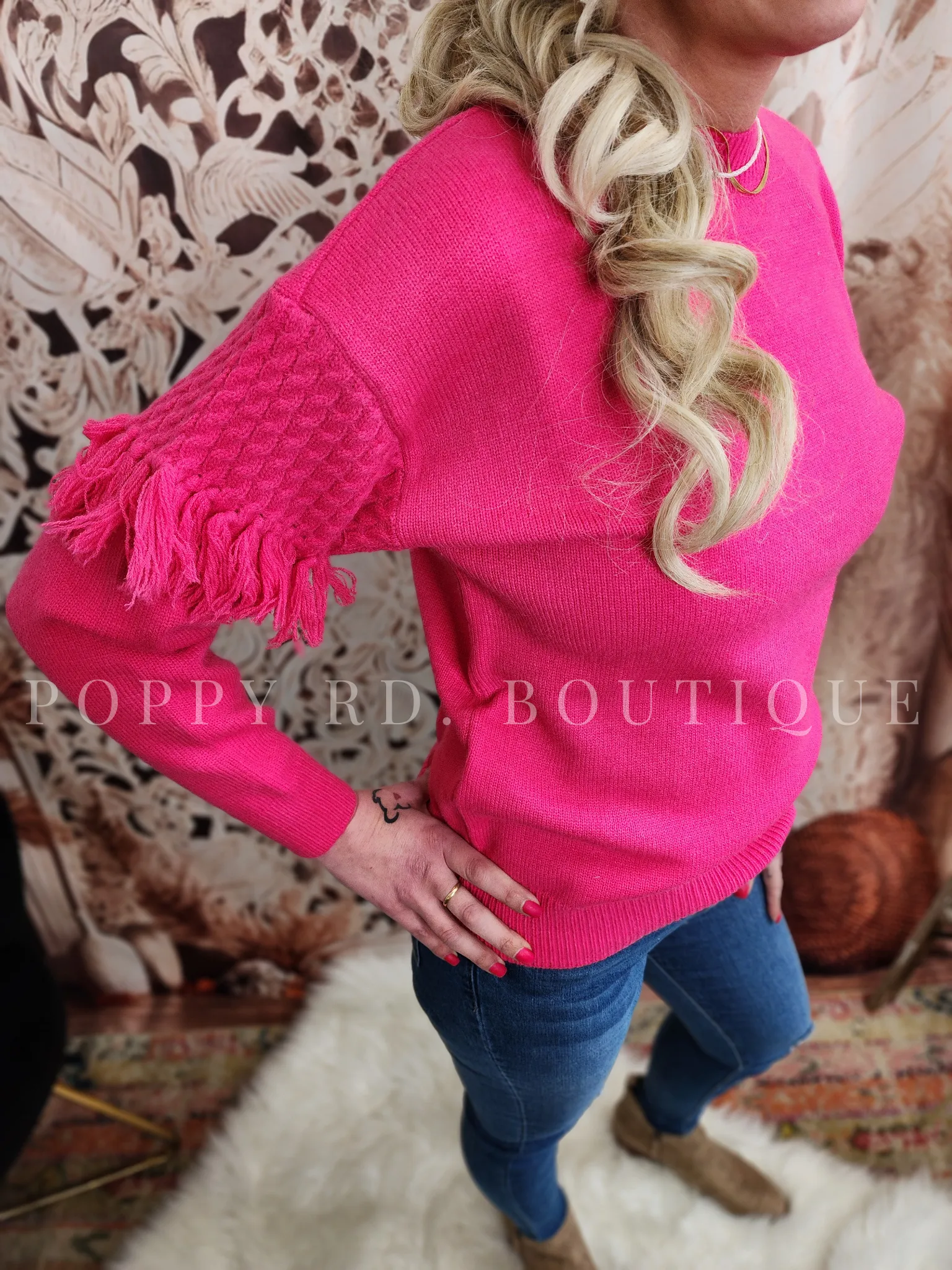 Crew Neck Cable Fringe Detail Knitted Sweater Top Pink