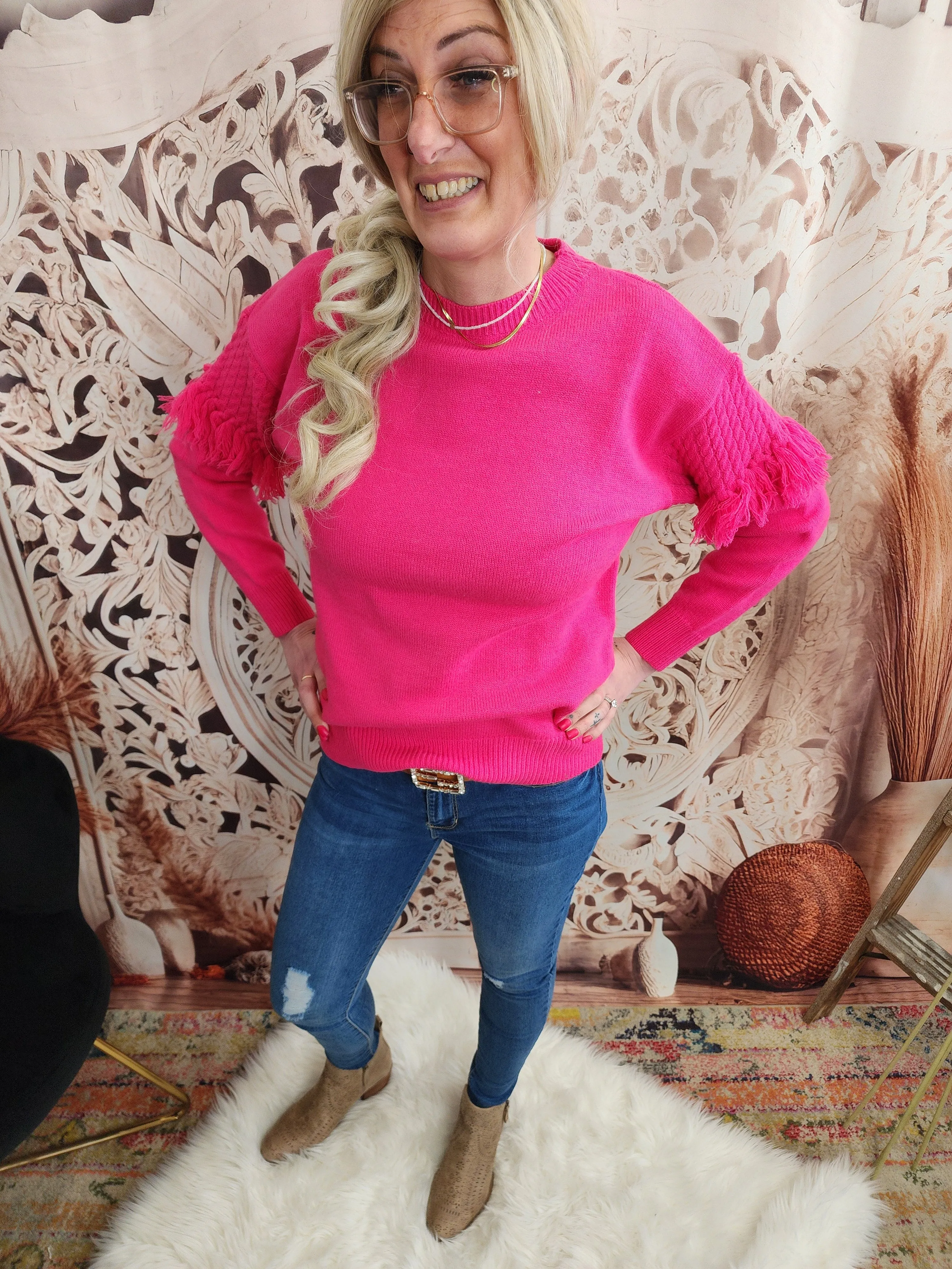 Crew Neck Cable Fringe Detail Knitted Sweater Top Pink