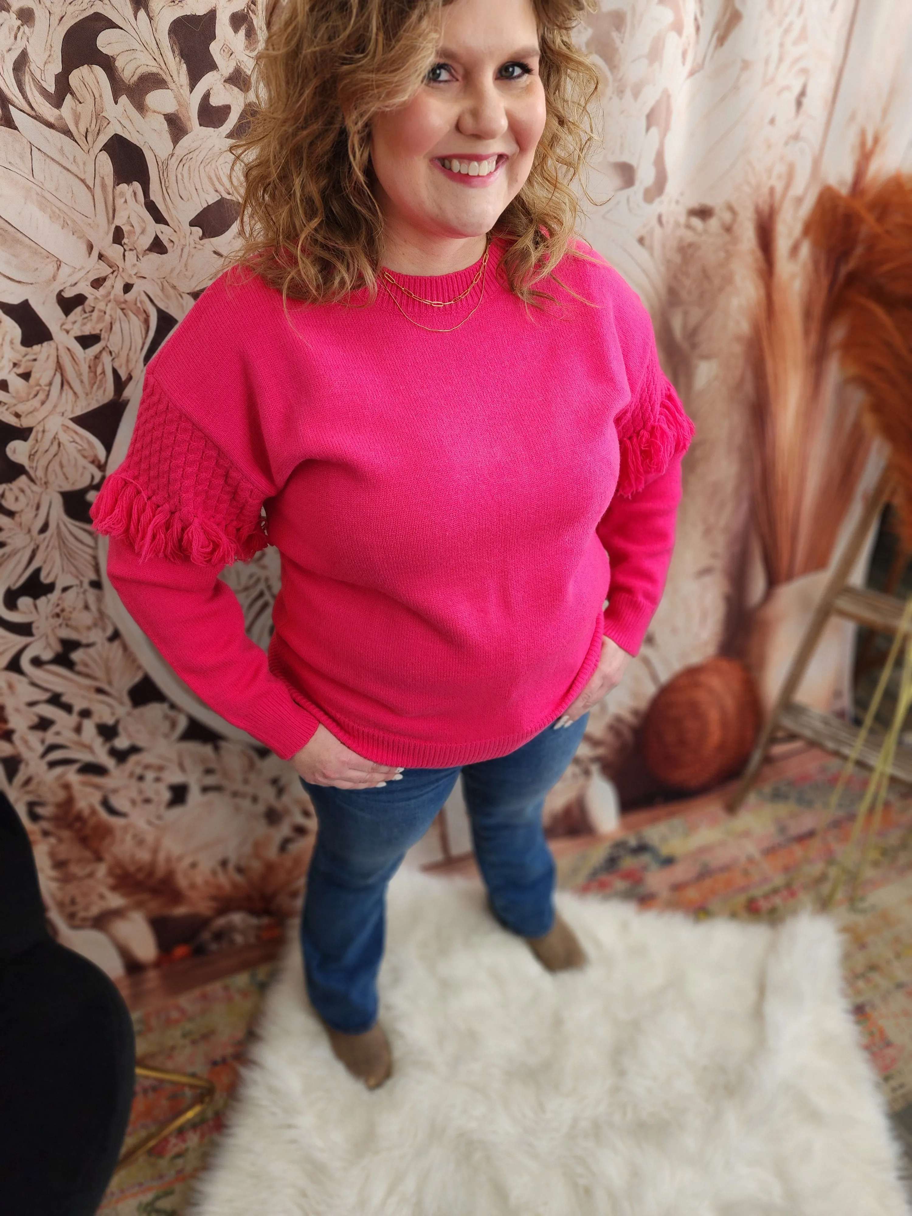 Crew Neck Cable Fringe Detail Knitted Sweater Top Pink