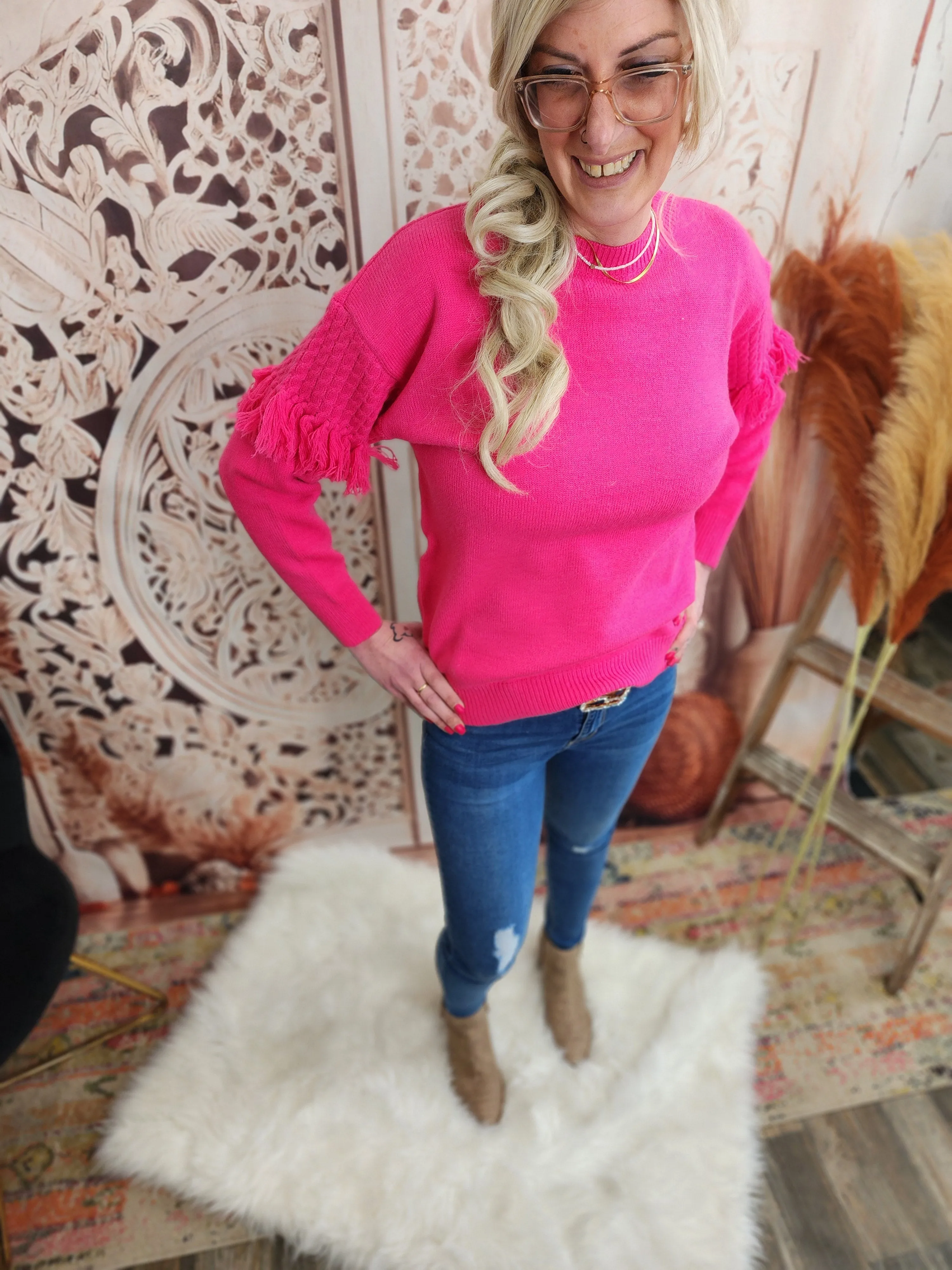 Crew Neck Cable Fringe Detail Knitted Sweater Top Pink
