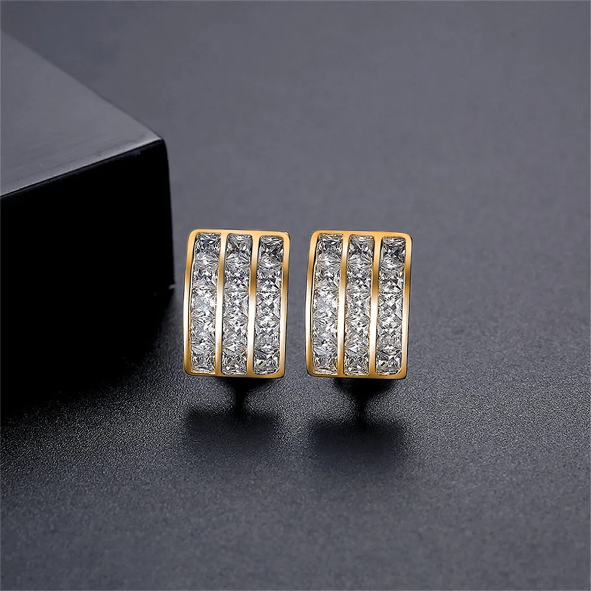Crystal & 18K Gold-Plated Three-Row Huggie Earrings