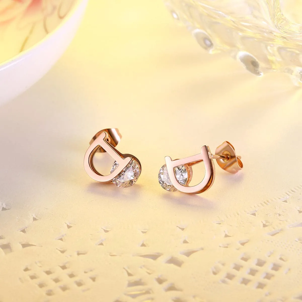 Crystal & 18K Rose Gold-Plated 'D' Stud Earrings