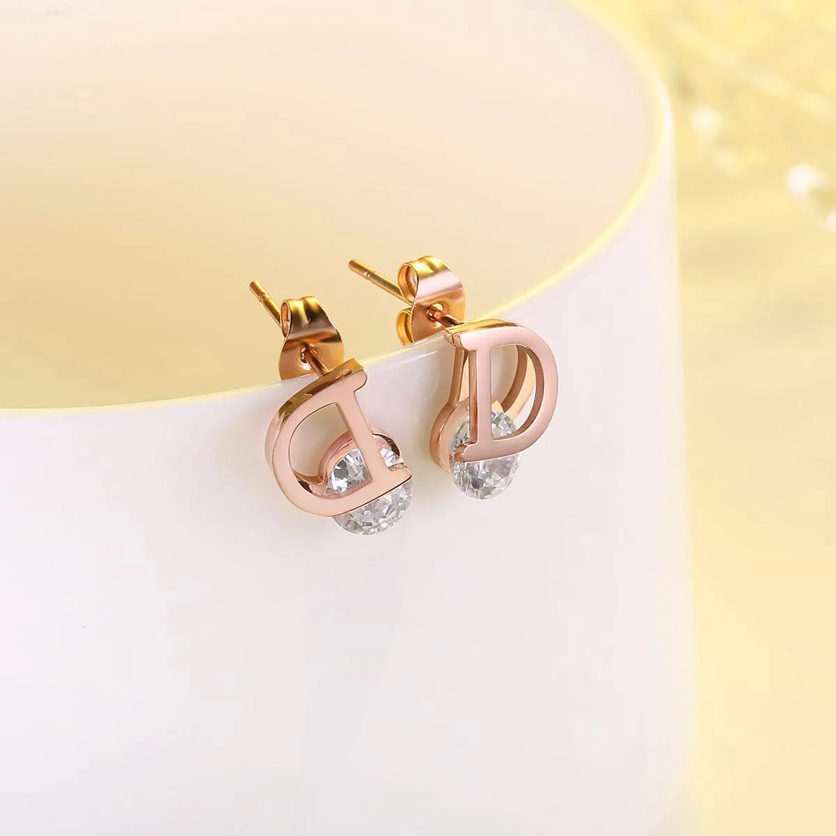 Crystal & 18K Rose Gold-Plated 'D' Stud Earrings
