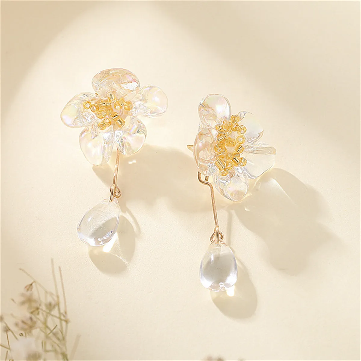 Crystal & Champagne Resin 18K Gold-Plated Flower Drop Earrings