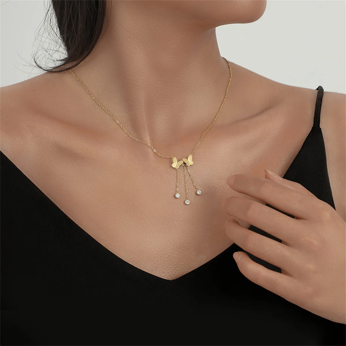 Cubic Zirconia & 18K Gold-Plated Butterfly Tassel Pendant Necklace