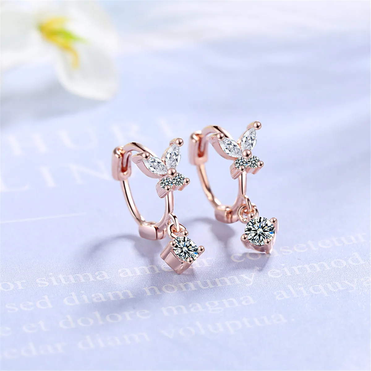 Cubic Zirconia & 18K Rose Gold-Plated Butterfly Drop Earrings