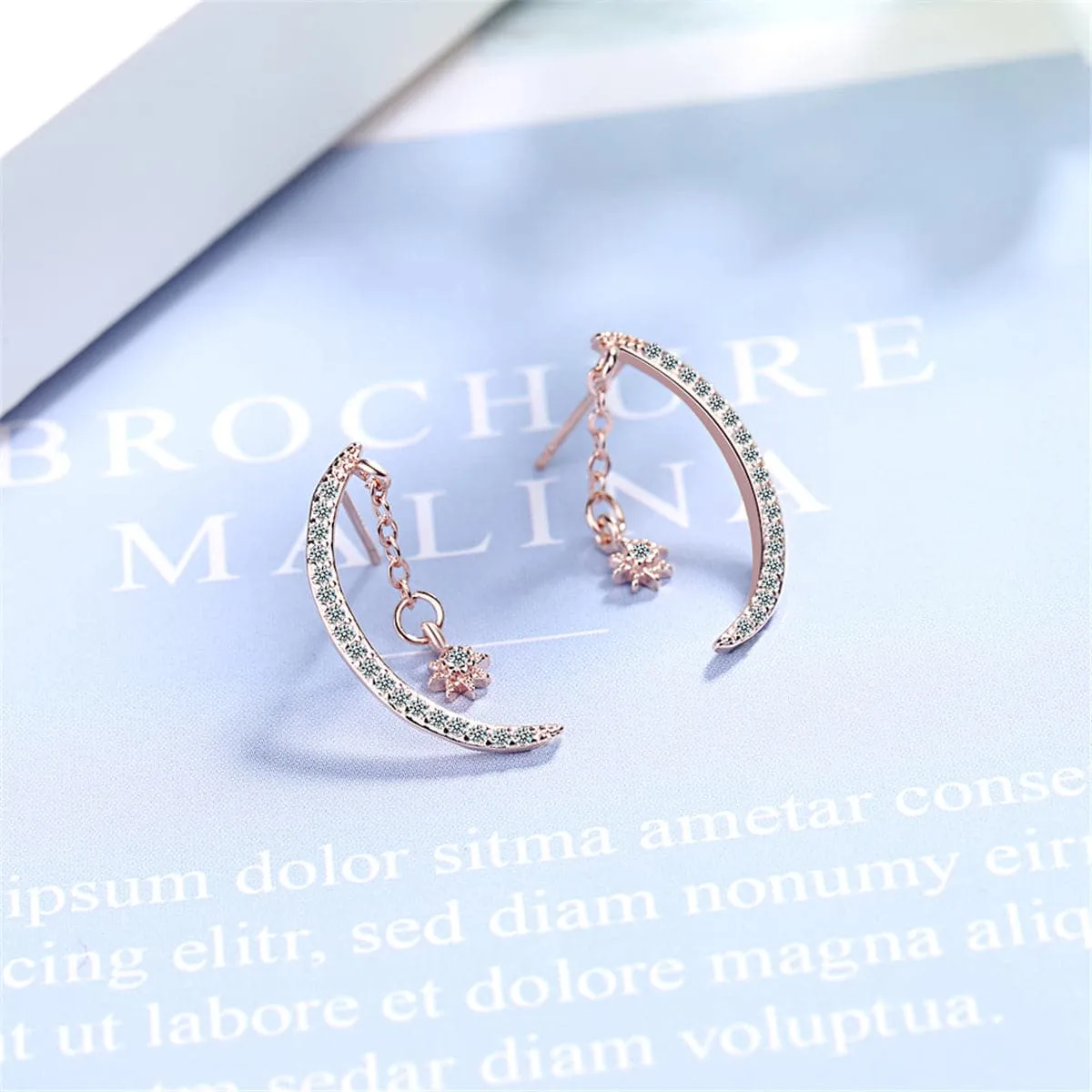 Cubic Zirconia & 18K Rose Gold-Plated Moon & Star Drop Earrings