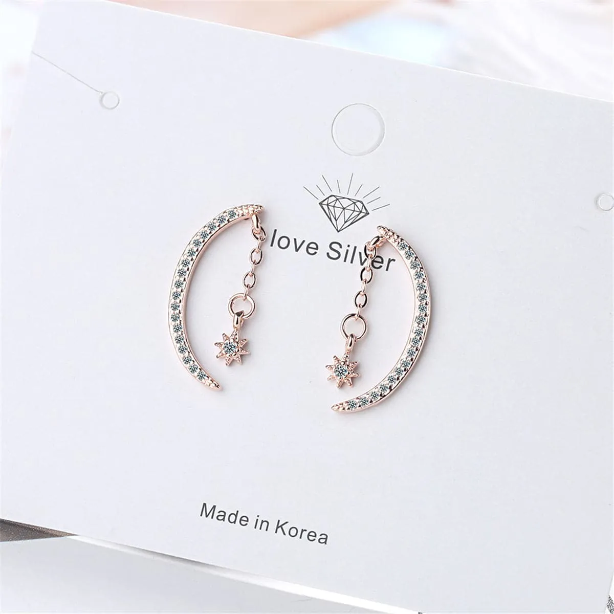 Cubic Zirconia & 18K Rose Gold-Plated Moon & Star Drop Earrings