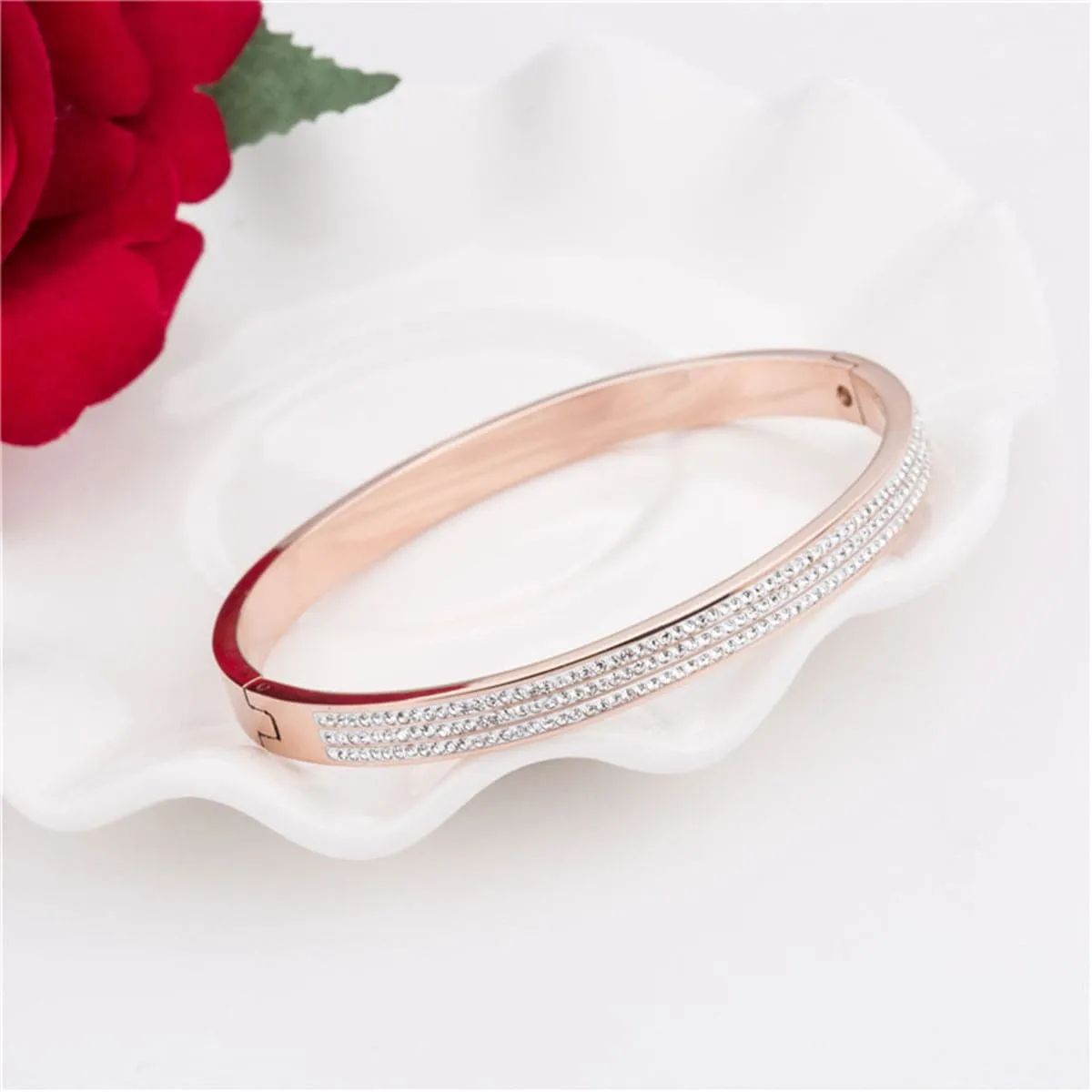 Cubic Zirconia & 18K Rose Gold-Plated Pavé-Set Layer Bangle