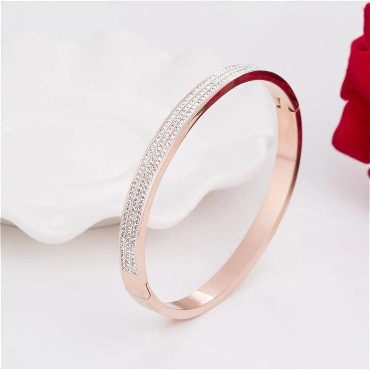 Cubic Zirconia & 18K Rose Gold-Plated Pavé-Set Layer Bangle